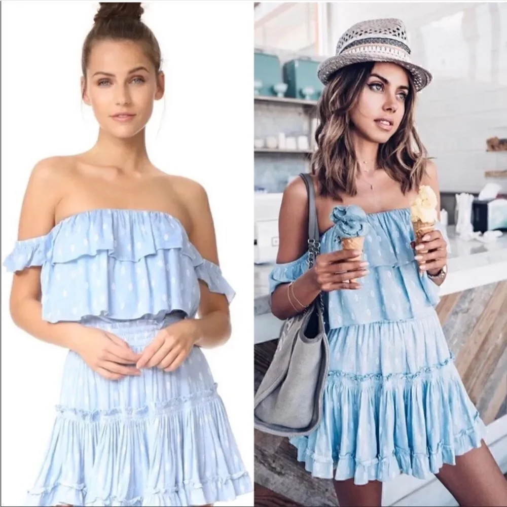 NWT MISA Los Angeles Marion Chambray Blue Tiered Ruffle Mini Skirt
